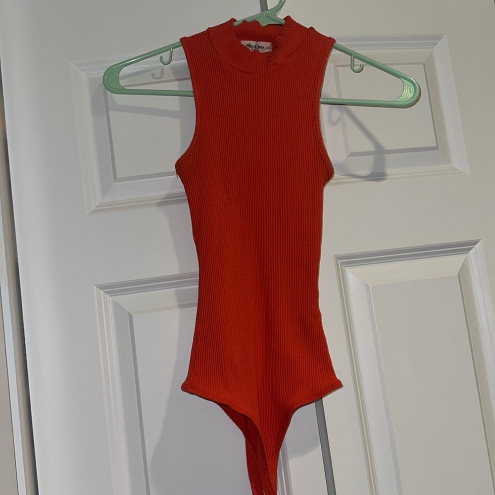 Red ribbed high neck bodysuit